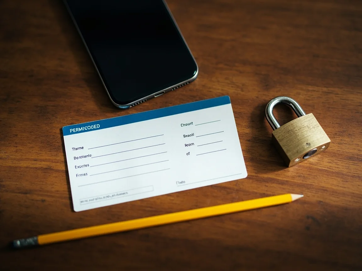 A blank permission card, pencil, smartphone and padlock on a warm desk