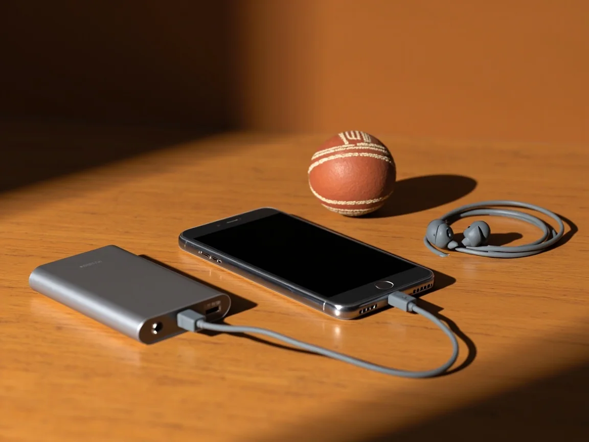 A smartphone, power bank, earbuds and a cricket ball on a warm wooden desk