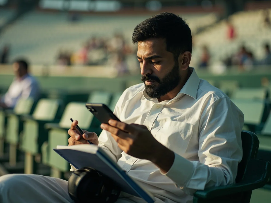 A cricket follower with a notebook and a smartphone in shaded stadium seating