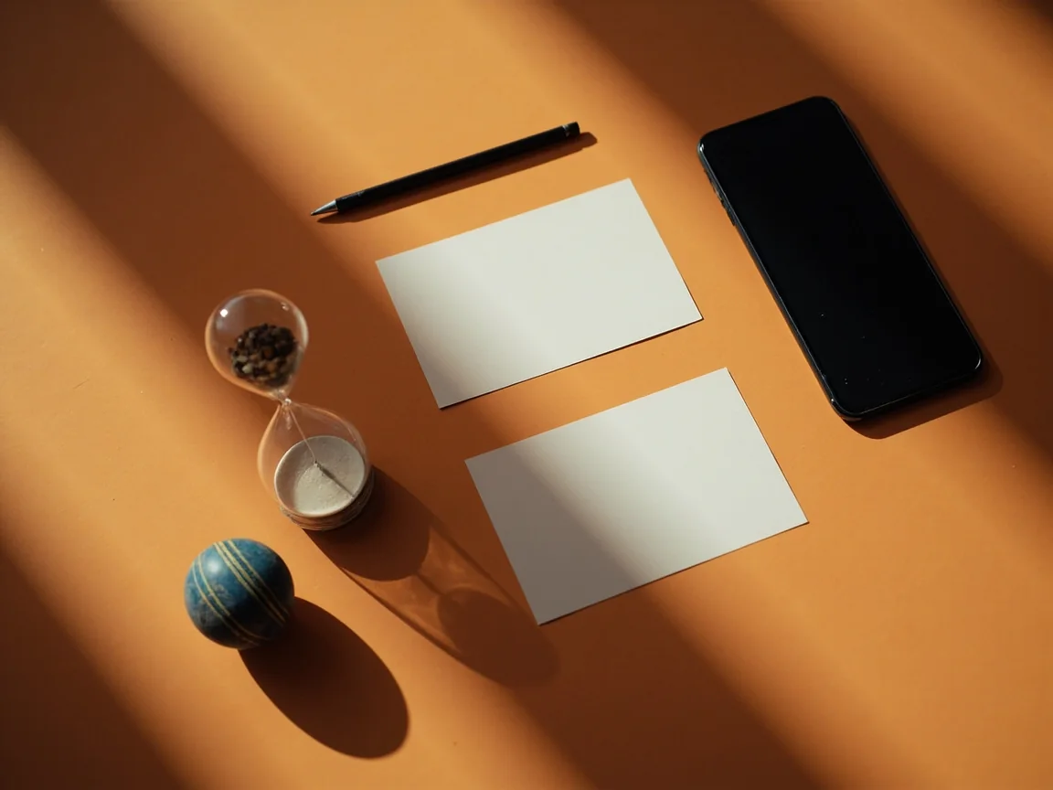 An hourglass, blank condition cards, pencil, smartphone and cricket ball on a table