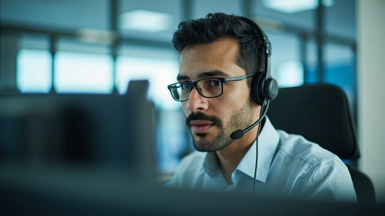 A calm customer-support professional at a daylight desk with a plain headset