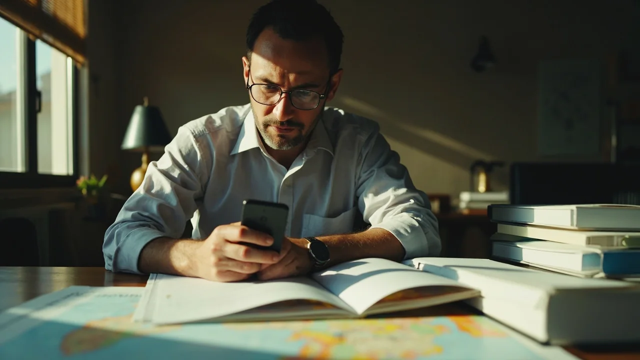 An adult reading a paper document with a magnifying glass in calm daylight