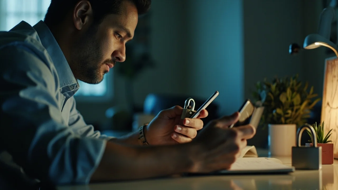 A calm desk with a smartphone and a small padlock token by a window