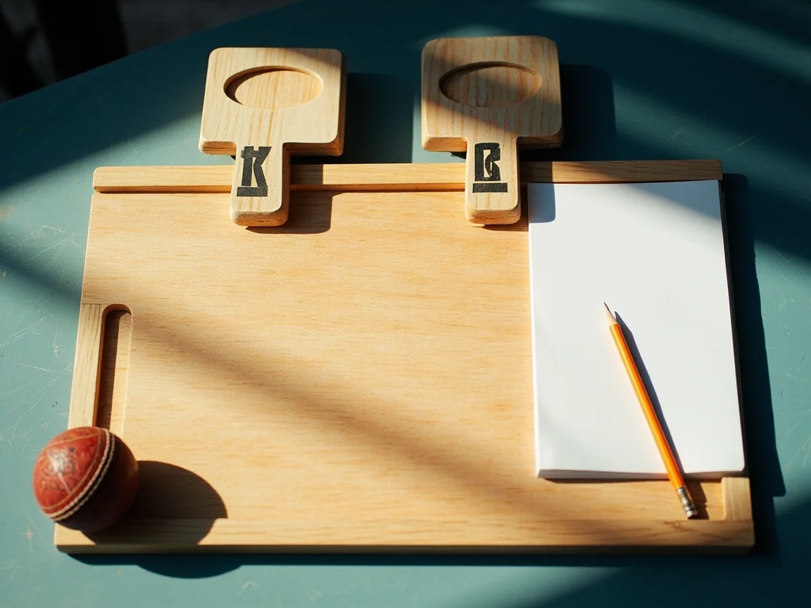 A tactics board with two wooden captain markers and a ball