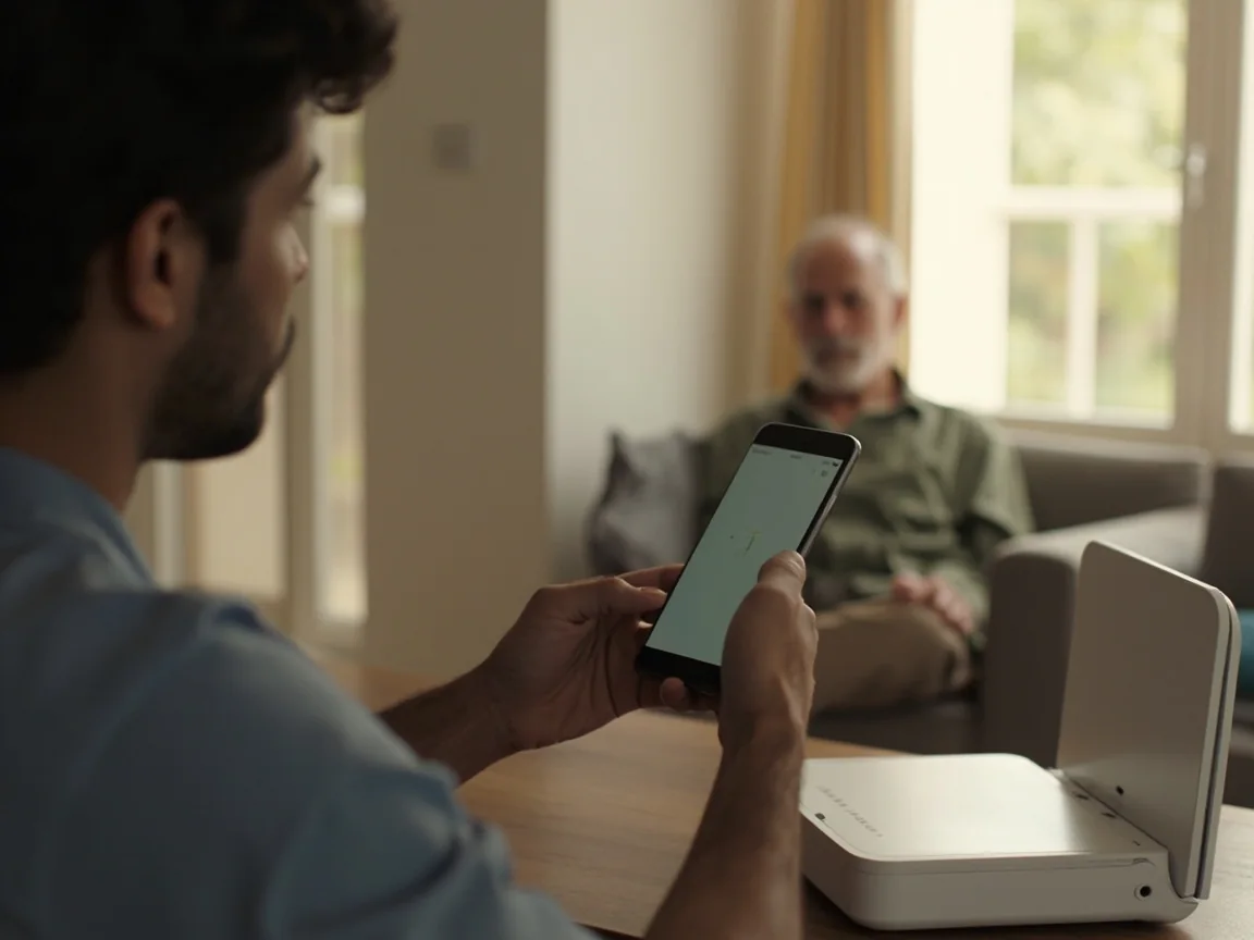 A hand connecting a smartphone to a plain home Wi-Fi router