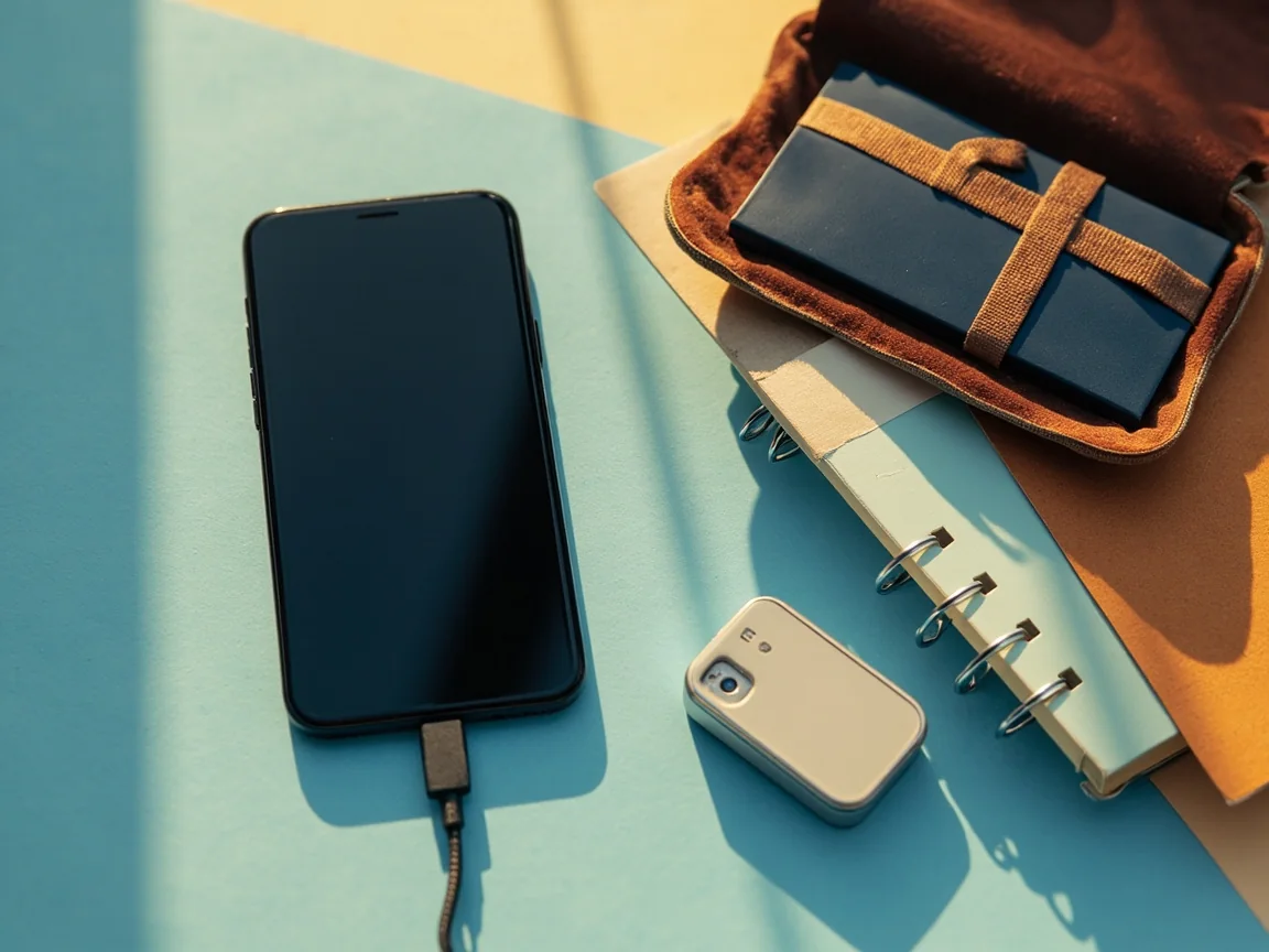 A smartphone, charging lead, power bank and memory-card case on a wooden surface