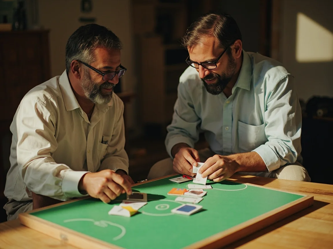 Two cricket enthusiasts comparing player tokens on a wooden board