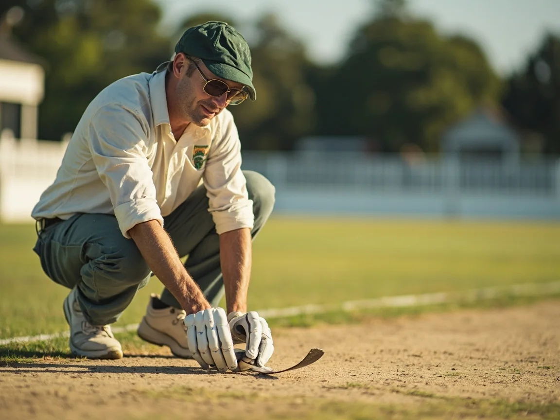 A close-up of a quiet cricket pitch at dusk with notebook and pen nearby