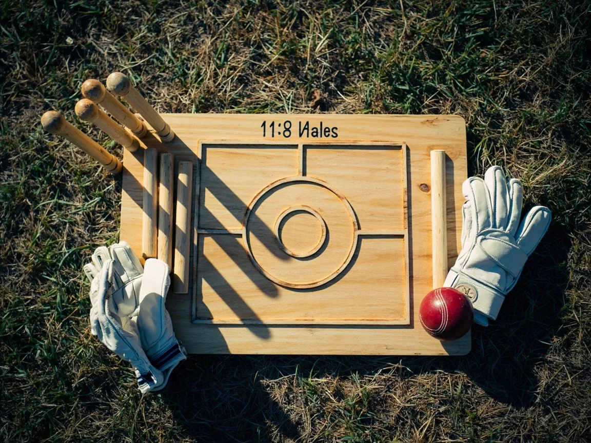 Balanced cricket tokens arranged on a quiet field board