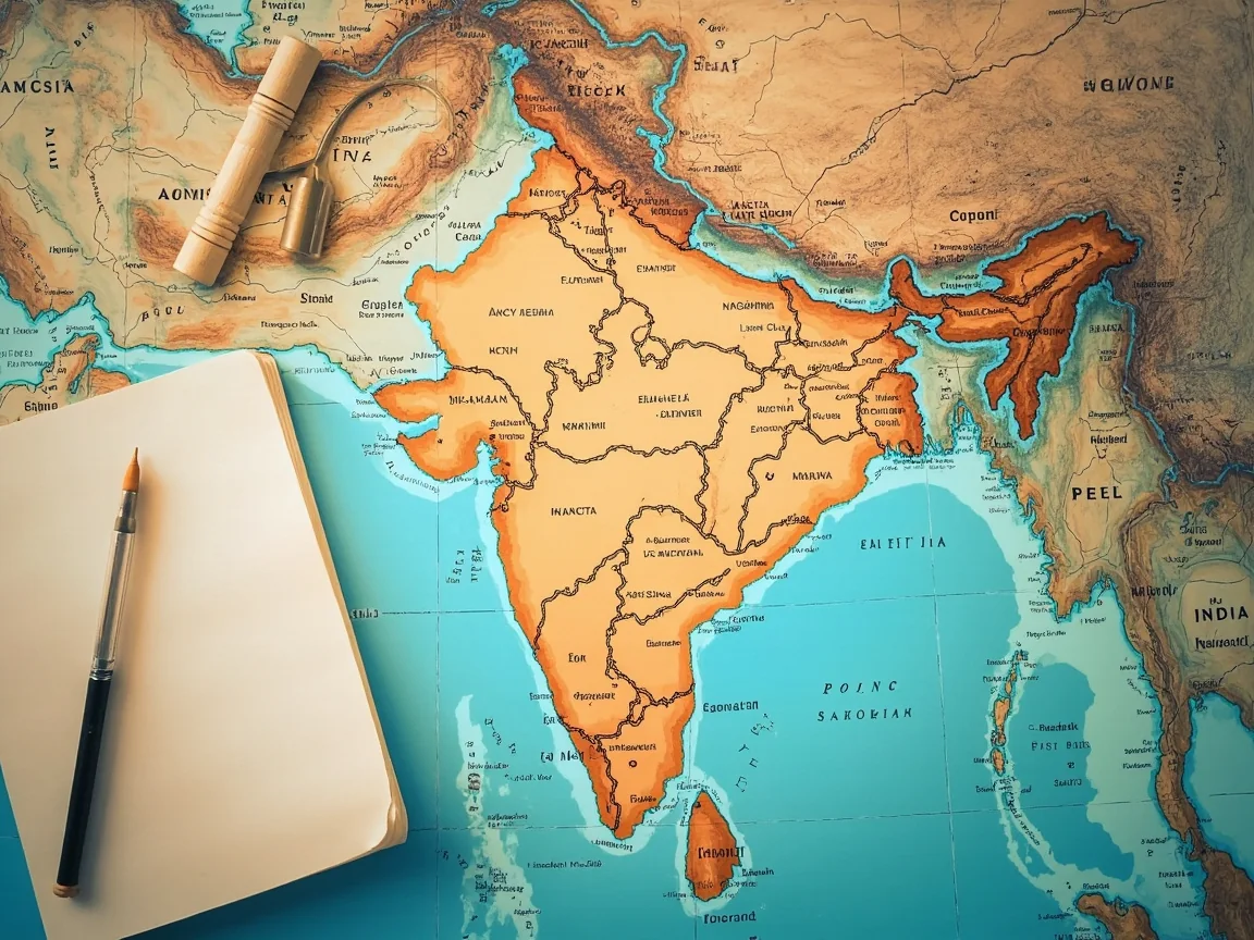 A hand pointing to a map-style desk surface with a small lamp