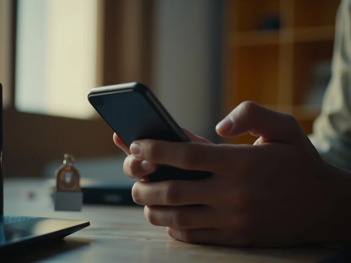 A hand checking a smartphone next to a router and security key