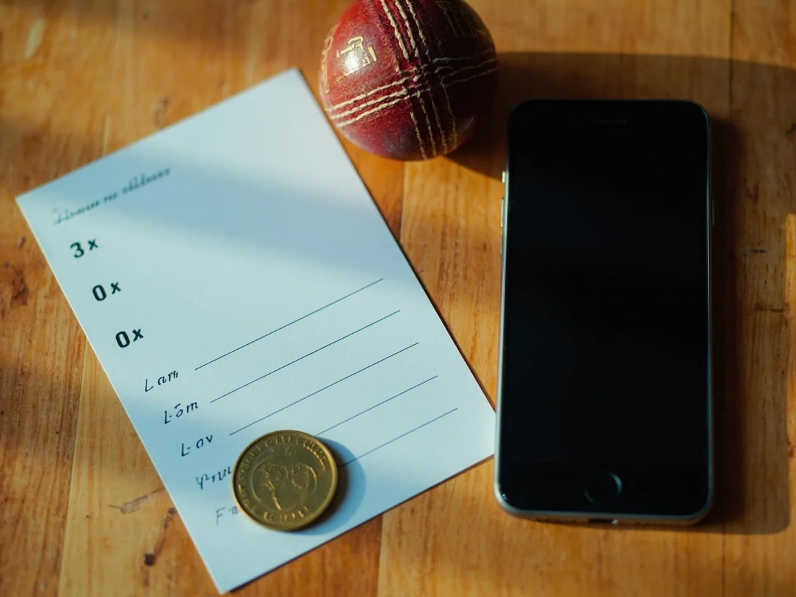Two participant tokens, a blank checklist card, smartphone and cricket ball on wood
