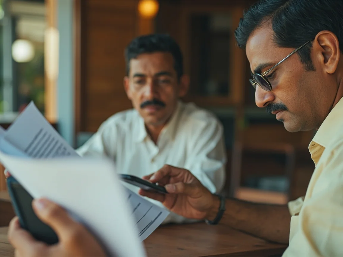 Two adults reviewing a blank folded sheet beside a face-down smartphone
