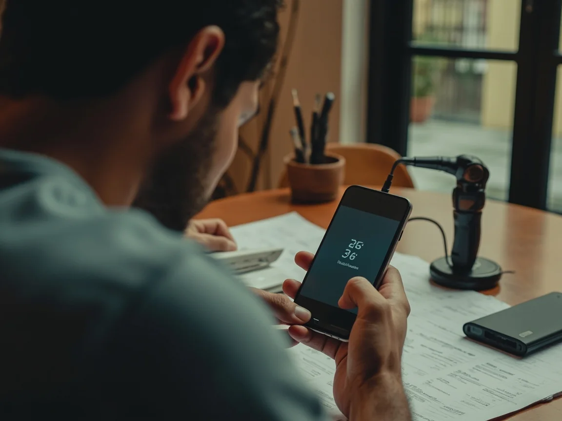 Hands holding a smartphone over a notebook with a cricket ball nearby
