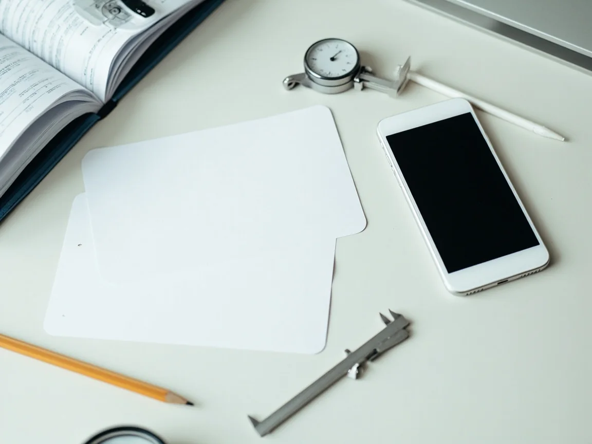 A smartphone, blank test cards, calipers, stopwatch and pencil on a light desk